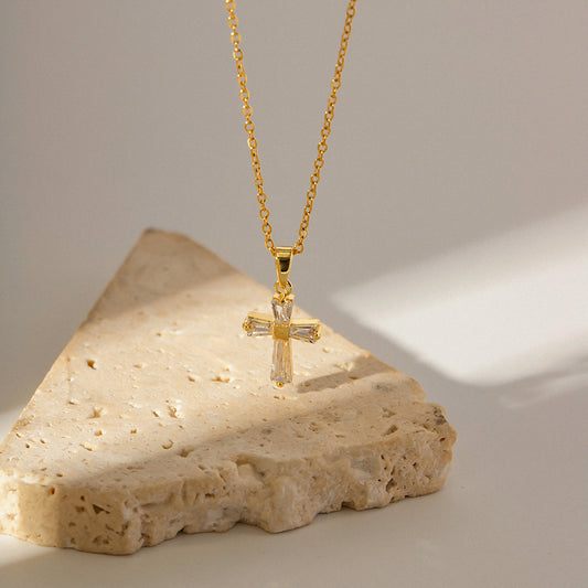 CZ Diamond Cross Necklace 18k Gold Plated