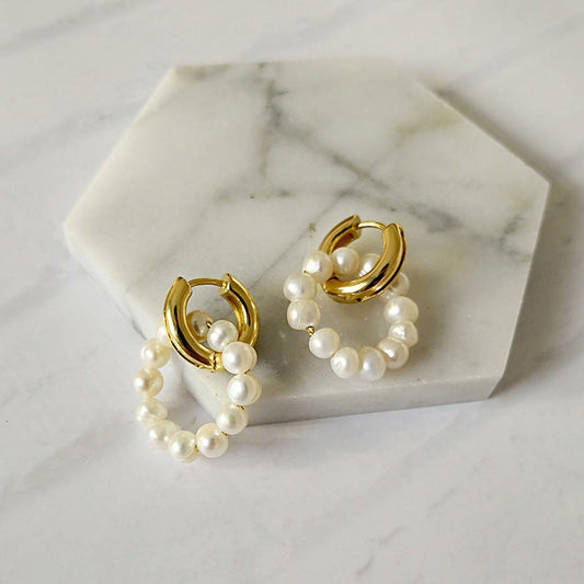 Nala Pearl Double Hoop Earrings 18k Gold Plated
